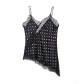 Black polka dot satin camisole top with delicate eyelash lace trim and thin straps - Black Polka Dot