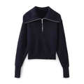 Jersey de punto azul marino para mujer con cuello polo, media cremallera y puños acanalados - S / Azul marino