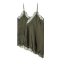 Dark green satin camisole top with V-neckline and matching eyelash lace trim for women - Olive Green