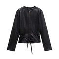 Women's slim fit black faux leather jacket with gold zipper and waist belt detail - XS / Black