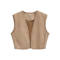Khaki faux suede cropped vest featuring intricate braided trim and open front design - XS / Khaki