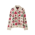 Vintage beige Christmas cardigan with reindeer jacquard pattern and button-down front - S / Off White