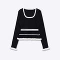 Women's black long sleeve knit sweater with white contrast ruffles and striped hem detail - S / Black (As Pictured)