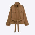 Dames khaki militaire jas met opstaande kraag, schouderbanden en een tailleriem - S / Khaki