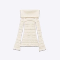 Elegante top in maglia avorio a maniche lunghe con spalle scoperte e motivo a traforo - S / Bianco latte