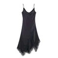 Asymmetrical black satin slip dress with lace trim and elegant cowl neckline - XS / Black