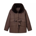Abrigo de invierno marrón para mujer con cuello de piel sintética y cinturón de lazo - S / café