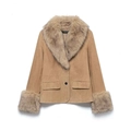 Chaqueta de ante para mujer en color tostado con cuello y puños de pelo sintético suave - XS / Caqui