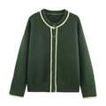 Deep green knit cardigan for women with round neck and white contrast trim detailing - S / Dark Green