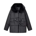 Abrigo de invierno negro para mujer con cuello de piel sintética y cinturón ajustable - S / Negro