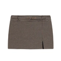 Minigonna di lana pied-de-poule con cintura e spacco laterale in marrone e beige - XS / Multicolore