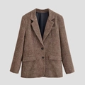 Vintage brown herringbone tweed blazer for women featuring a classic H-line straight silhouette - XS / Brown Herringbone