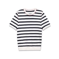 Minimalist black and white striped short sleeve knit top with red contrast stitching details - S / Black White Striped with Red Stitching