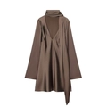 Detail view of glossy brown satin fabric and stylish V-neck scarf collar design - XS / Coffee