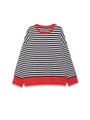 Détail du col et des poignets côtelés rouges sur un pull en maille rayé à manches longues - S / Rayures Noires et Blanches
