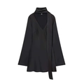 Elegant black satin V-neck maxi dress with long sleeves and integrated scarf detail - XS / Black