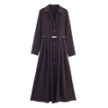 Classic dark coffee long sleeve shirt midi dress with adjustable waist belt - XS / Coffee