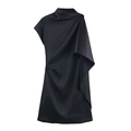 Robe courte noire asymétrique sans manches en satin élégant avec détails drapés froncés - XS / Noir