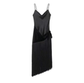 Detail van zwarte satijnen slipdress met fluwelen panelen en lange franjes aan de zoom - XS / Zwart