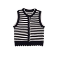 Gebreid damesvest met marineblauwe strepen, schulpranden en knoopsluiting vooraan - S / Marineblauw en Wit Gestreept