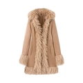 Trench da donna color cammello con finiture in ecopelliccia e cappuccio con tasche - S / Cachi