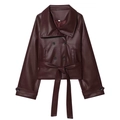 Detail of double-breasted burgundy PU leather jacket with belted waist and wide lapels - S / Dark Red