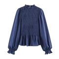 Blusa vintage azul marino con volantes y mangas largas con detalles de nido de abeja - XS / Azul oscuro