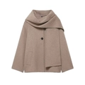 Cappotto corto in lana kaki chiaro con collo a sciarpa e bottone nero singolo - XS / Cachi