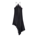 Elegant black satin halter neck dress with lace trim and asymmetrical hem for women - XS / Black