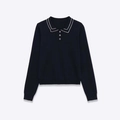 Polo en tricot bleu marine à manches longues avec col festonné et boutons gris - S / Bleu marine
