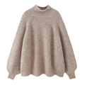 Pull en maille ample beige avec manches bouffantes et col montant élégant - S / Couleur Avoine