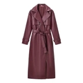 Women's long burgundy faux leather trench coat with waist belt and lapel collar - S / Burgundy