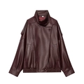 Women's vintage burgundy faux leather jacket with high stand collar and asymmetric buttons - S / Burgundy