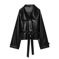 Women's short black PU leather jacket with double-breasted design and waist belt - S / Black