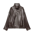 Vintage dark brown faux leather jacket with a high collar and elastic hem, stylish biker look - S / Coffee