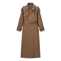 Klassieke donkerbruine lange double-breasted suède trenchcoat met riem en schouderdetails - S / camel