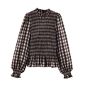 Camisa de mujer a cuadros vichy blanco y negro con pecho fruncido y volantes - XS / Cuadros Marrón y Negro