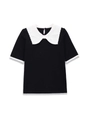 Detail of contrast Peter Pan collar on black ribbed knit top with wavy edges - S / Black
