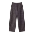 Women's autumn grey plaid wide-leg trousers with high waist and straight cut fit - S / Pants