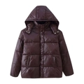 Glossy burgundy hooded puffer jacket with metallic buttons and quilted minimalist design - S / Dark Red