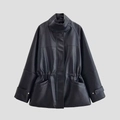 Women's black faux leather mid-length jacket with drawstring waist and pebble texture - XS / Black