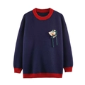 Navy blue round neck knit sweater with red ribbed trim and a 3D plush bear ornament - S / Navy Blue