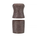 Completo marrone due pezzi con top a fascia e minigonna con motivo a griglia metallica argento - XS / Marrone scuro
