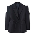 Détails du blazer noir à taille nouée avec découpes aux épaules et une coupe structurée élégante - Noir