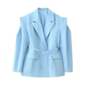 Detail of light blue blazer showing structured shoulder pads and matching waist tie belt - S / Blue
