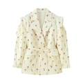 Detail of floral blazer with pink flower prints, notched lapels and waist tie belt - S / Rainbow