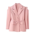 Pink belted blazer with structured wide shoulders and cinched waist on white background - S / Pink