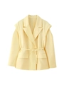 Detail view of light yellow blazer featuring unique layered shoulders and waist tie belt - S / Yellow