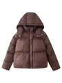 Women's dark brown hooded puffer coat featuring horizontal quilting and zip closure - S / Dark Brown