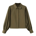 Army green puff long sleeve poplin shirt with lapel collar and clean woven texture - XS / Army Green